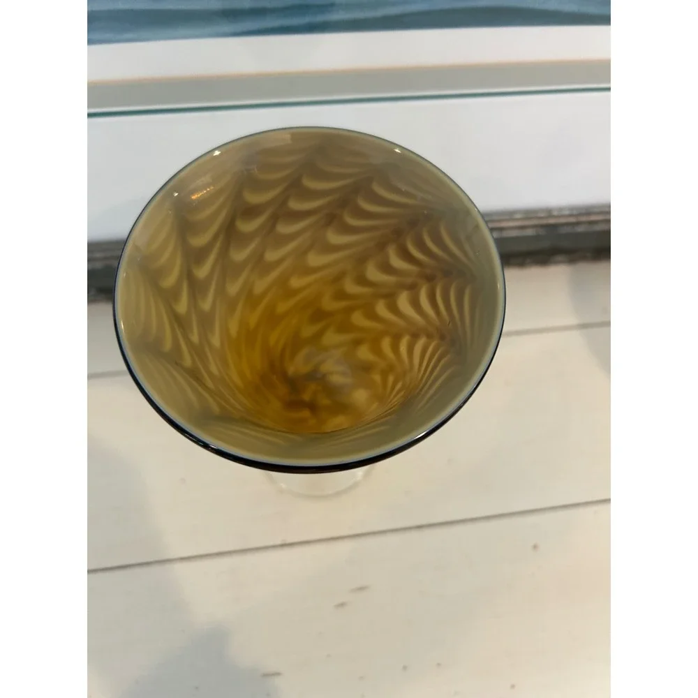 Art Glass Wine Goblet Amber Brown Pulled Feather Festooned Hand Blown 8.5